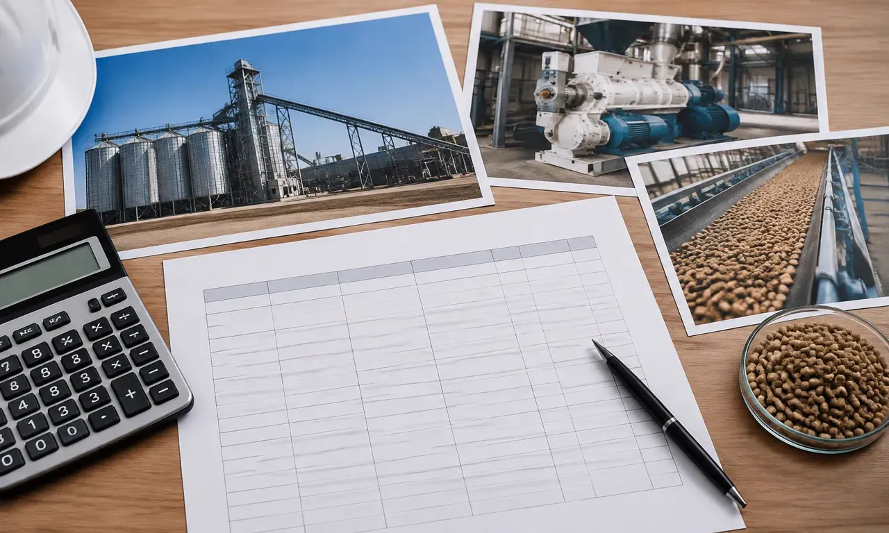 Calculatrice, feuille de coûts vierge et photos d’équipements d’usine d’aliments avec des échantillons de granulés