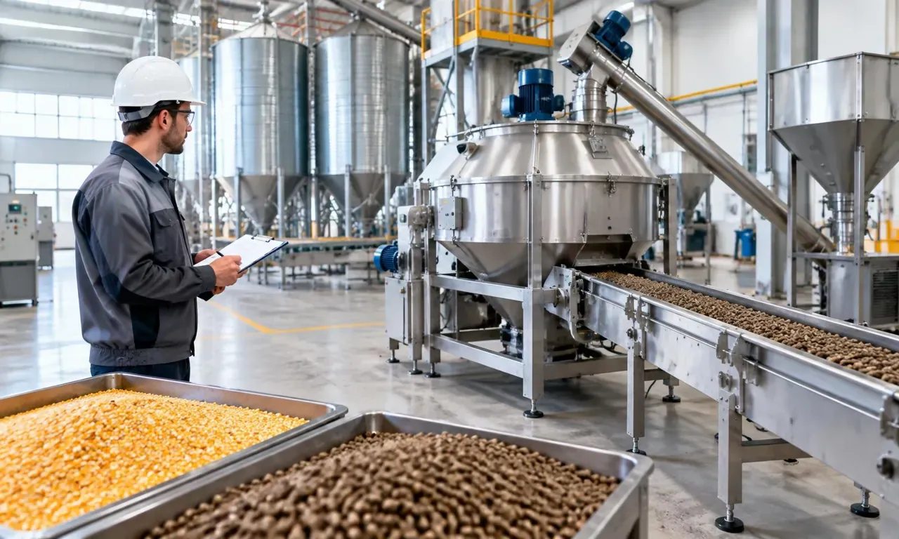 Buyer checking ingredient samples and project documents beside feed equipment