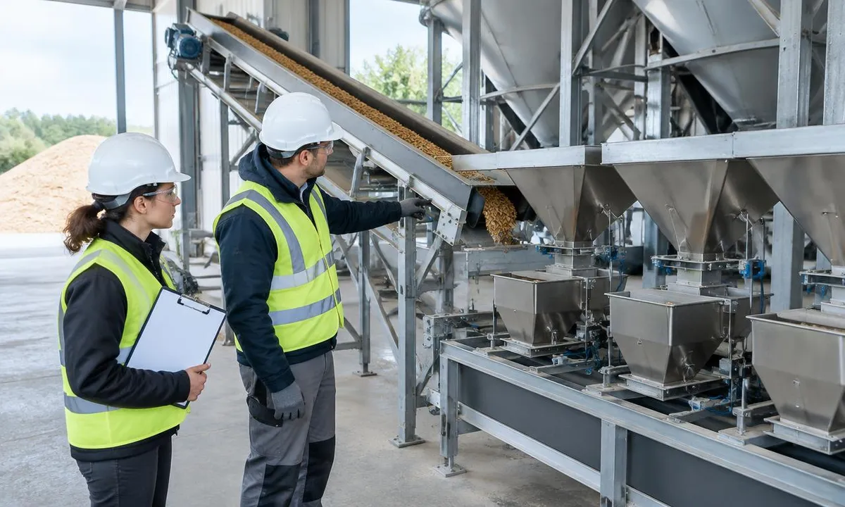 Engineers reviewing feed-mill conveying and intake equipment