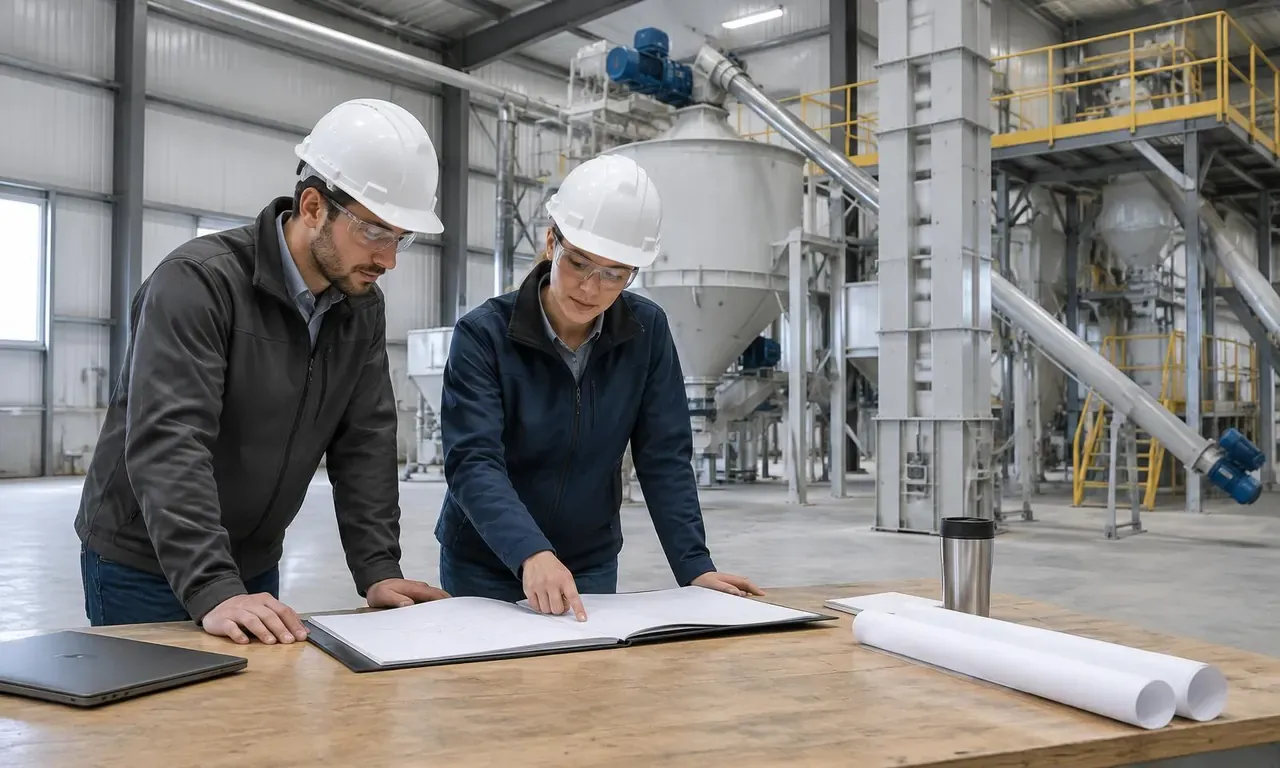 Ingenieros revisando los requisitos de un proyecto en una nave de producción de alimento