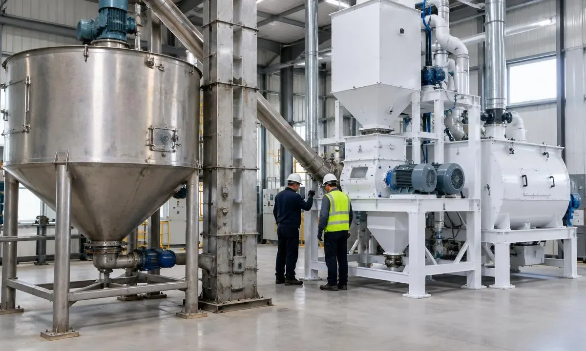 Technicians comparing existing feed mixing equipment with a newer line