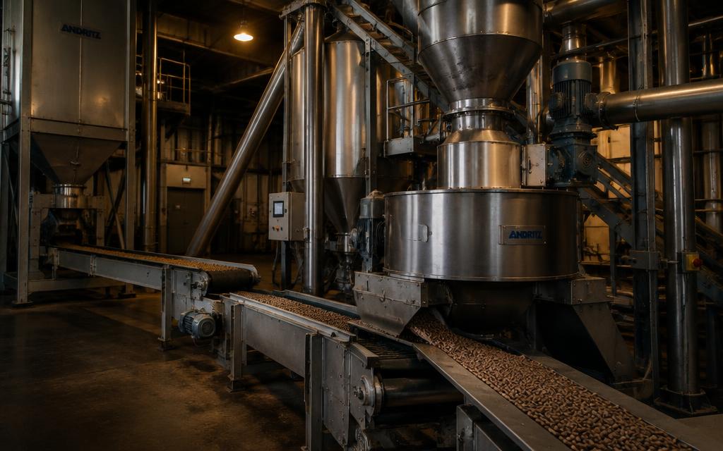 Industrial feed mill interior with pellet press and conveyors