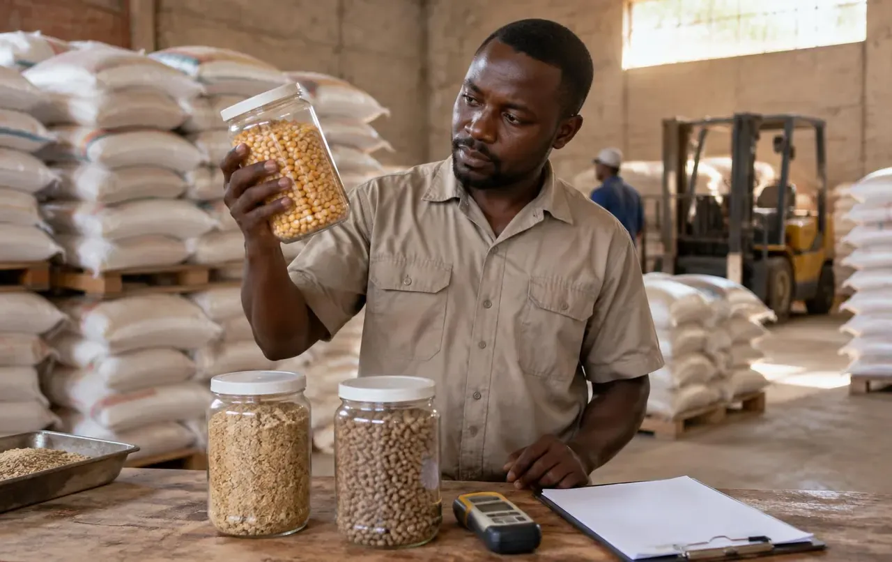 Feed buyer in a warehouse holding a jar of yellow maize beside jars of soybean cake and feed pellets, a moisture meter and a blank specification sheet, with stacked feed sacks and a forklift behind