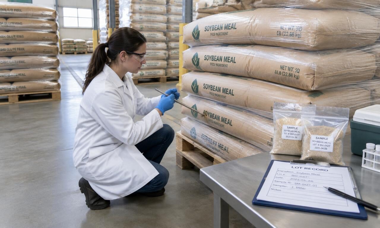 Technician taking a probe sample from palletised feed ingredient sacks beside labelled sample bags and a lot record