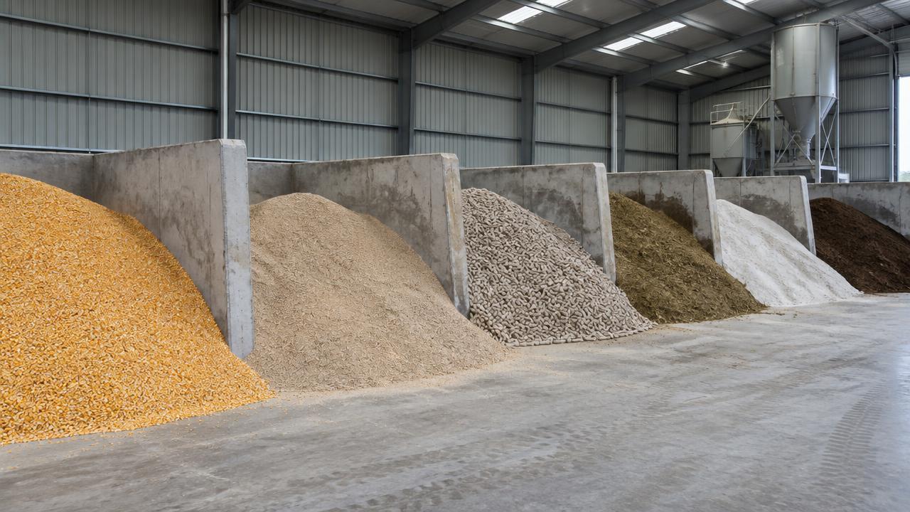 Feed ingredient storage bins and truck access serving a feed mill