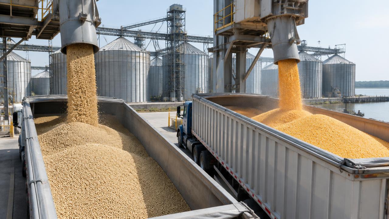 Grain, soybean meal and fibrous feed by-product samples arranged beside a pricing contract worksheet