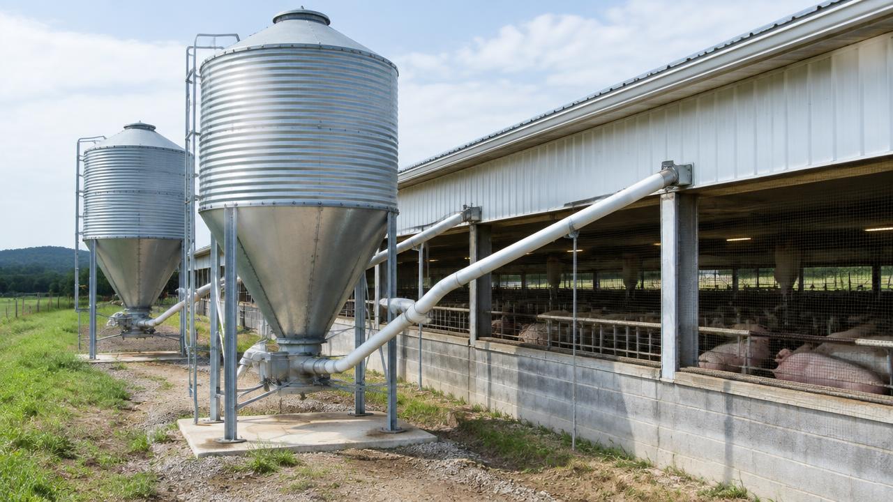 Silos de ração separados e identificados e tubulações de descarga para rações específicas por fase em uma granja comercial de suínos