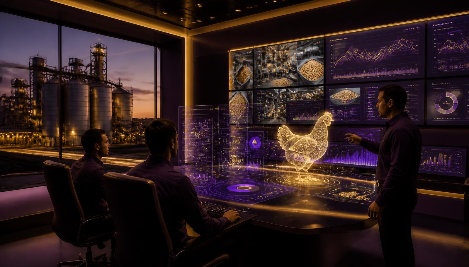 Next-generation feed mill control room with live nutrition analytics dashboards and a smart feed formulation model on screen.