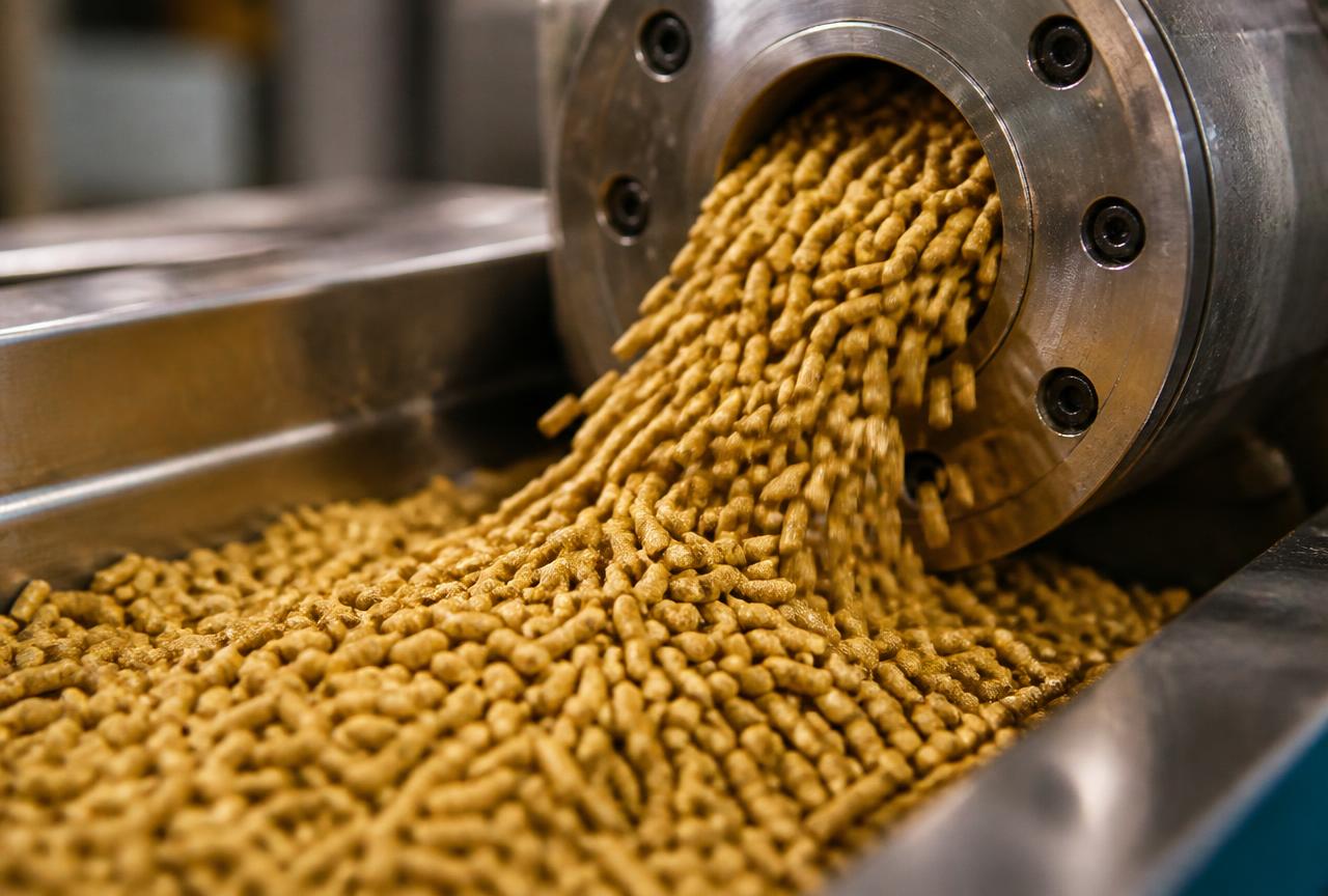 Compound feed pellets discharging from an industrial pellet mill die