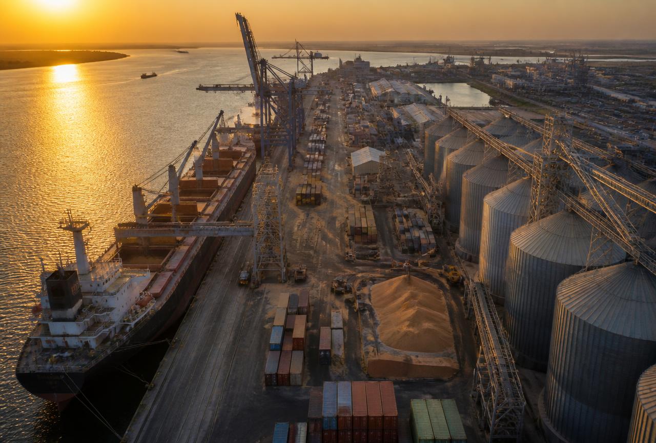 Bulk vessel loading feed ingredients at a grain terminal with silos and containers