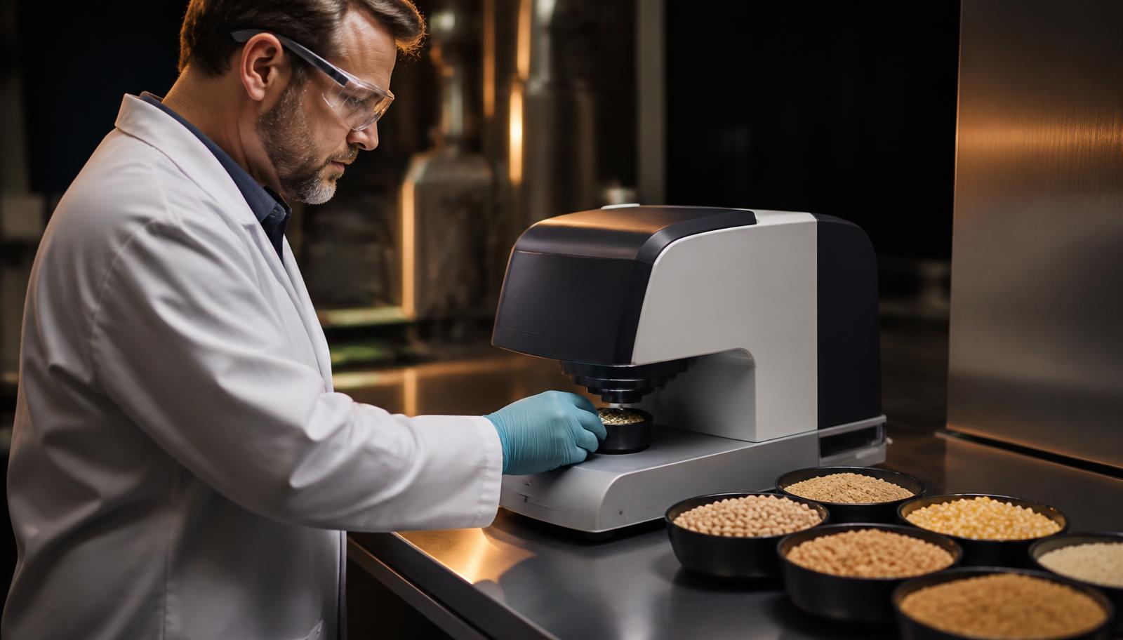 Laboratory NIR analyser scanning feed ingredient samples to build an accurate nutrient matrix