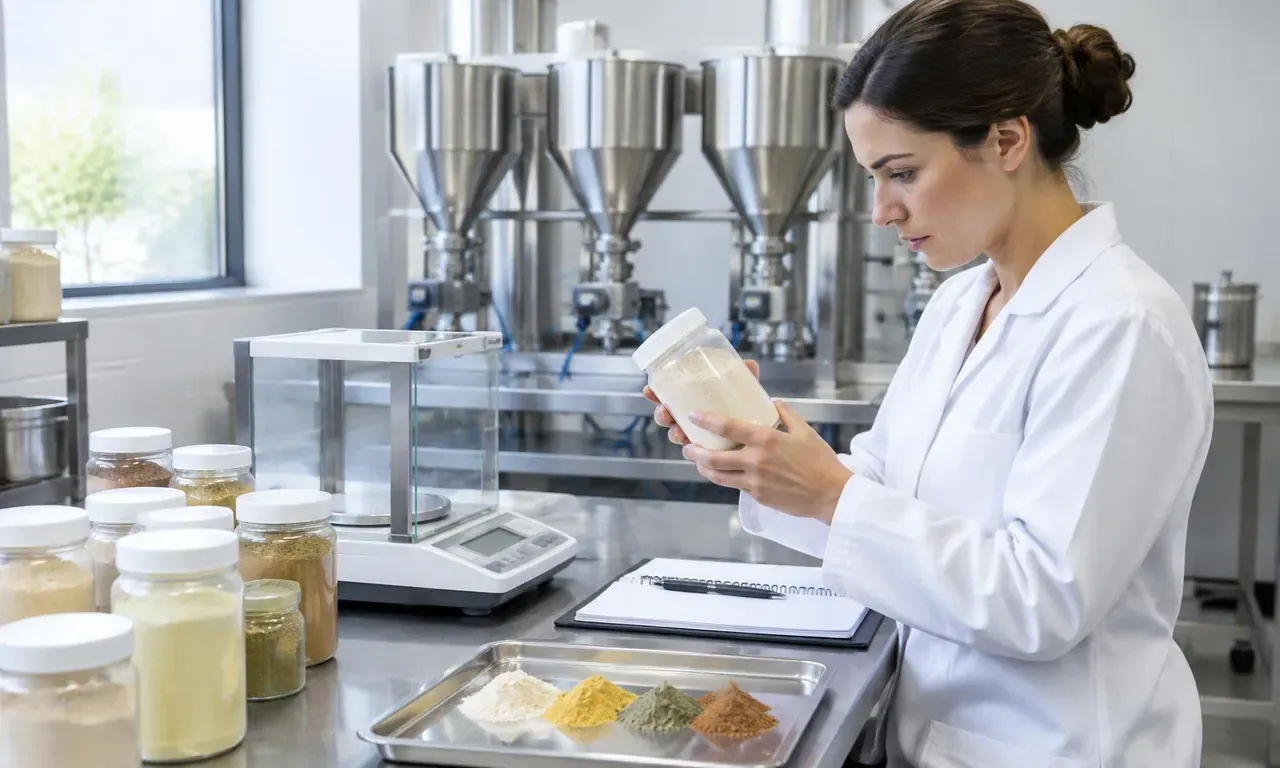 Técnica revisando muestras de ingredientes de premezclas junto a una balanza de precisión