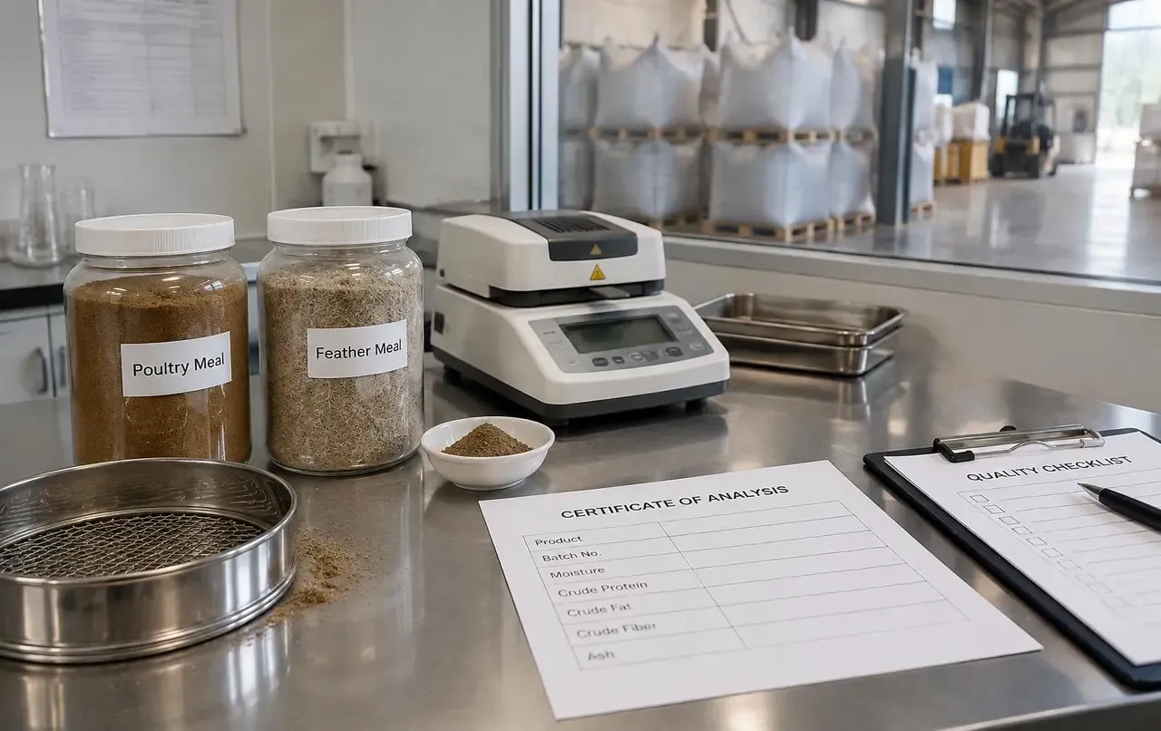 Bancada de laboratório de qualidade de ração com potes rotulados de farinha de vísceras de aves e farinha de penas, peneira, analisador de umidade, laudo de análise em branco e lista de verificação, com big bags de farinha no armazém atrás do vidro
