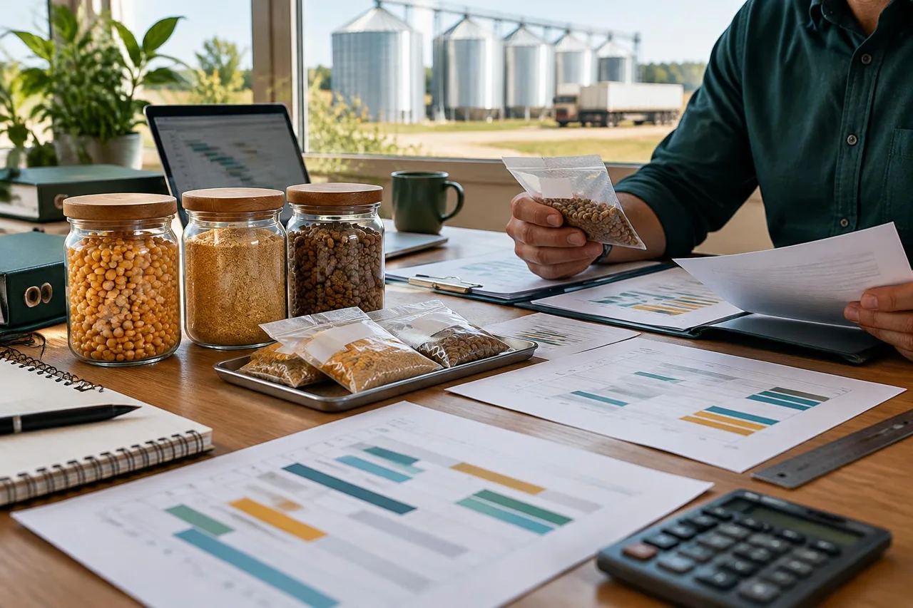 Feed buyer reviewing ingredient samples, a specification and a project timeline in a farm office