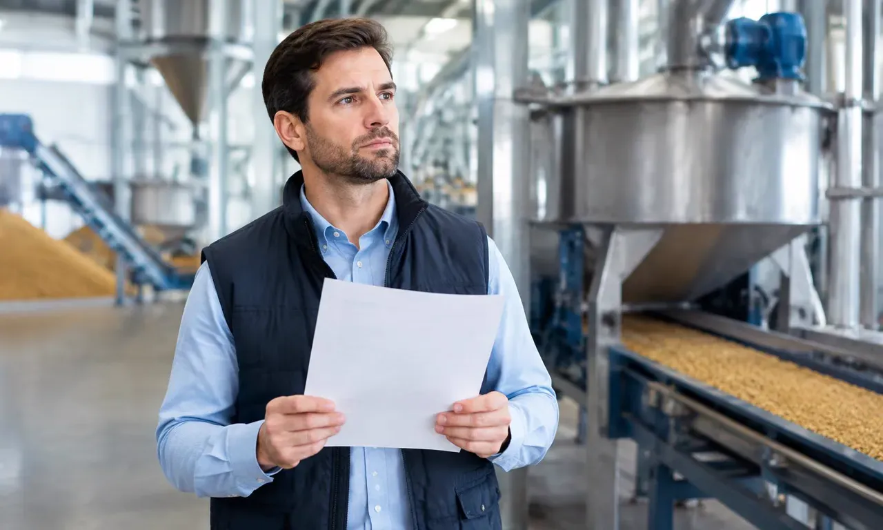 Buyer holding a blank requirement sheet in a feed production hall with mixers and conveyors behind