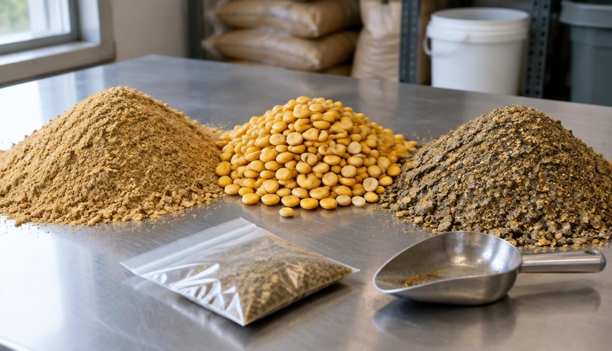 Soybean meal, lupin seeds and canola meal side by side on a steel table with a sample bag and scoop