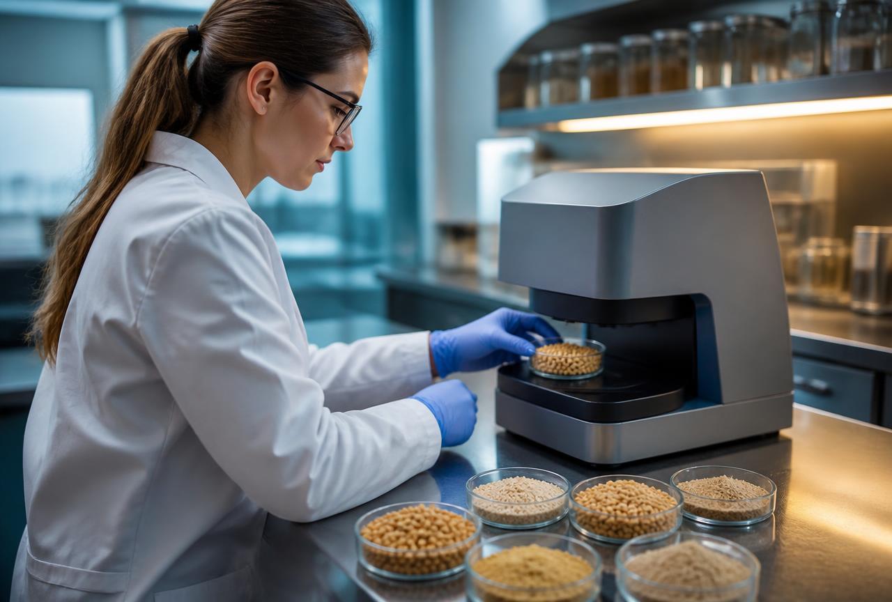 Technician analysing feed ingredient samples with an NIR analyser in a quality laboratory