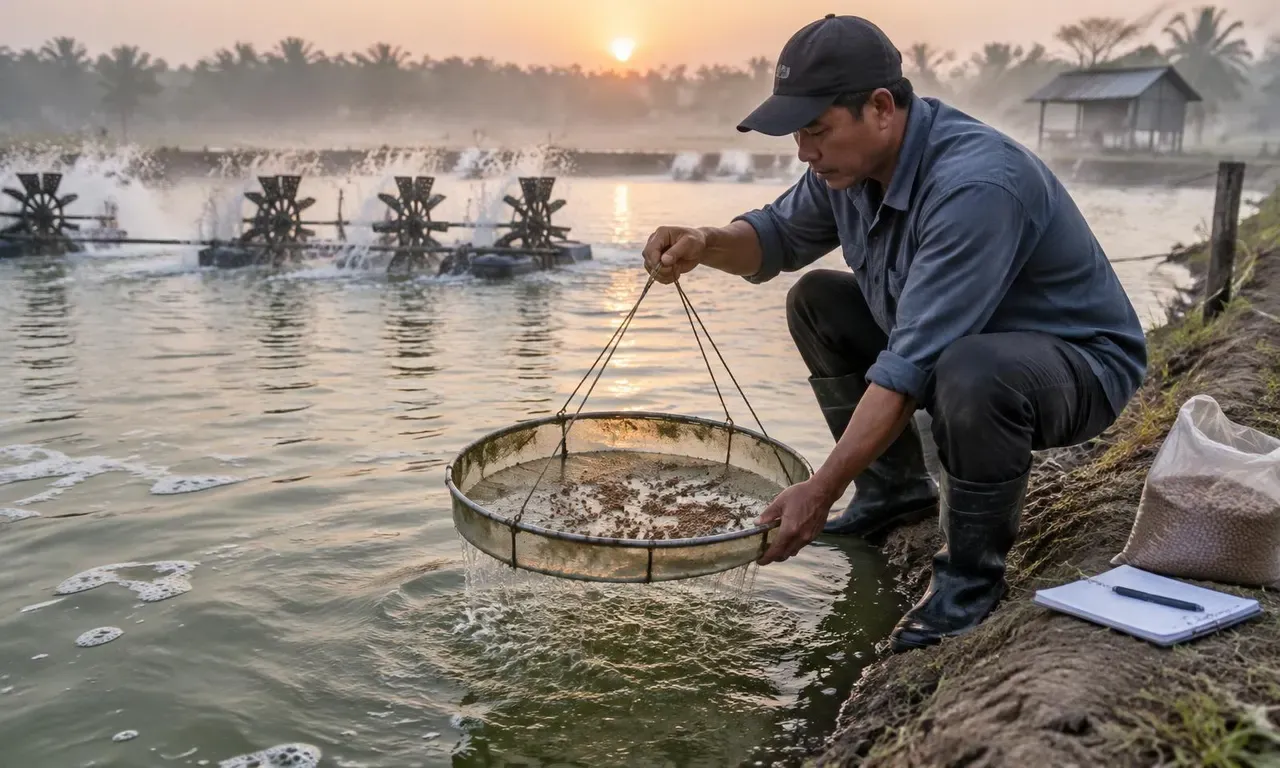Shrimp farmer on a pond dyke at dawn lifting a mesh feed tray to check leftover pellets, with paddlewheel aerators running behind