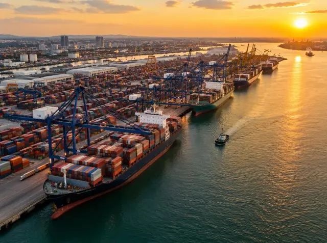 Container port with cargo ships and cranes