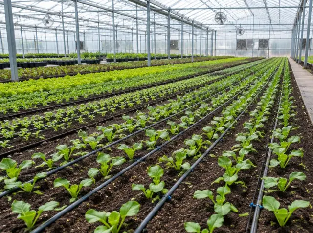 Greenhouse seedlings with drip irrigation lines