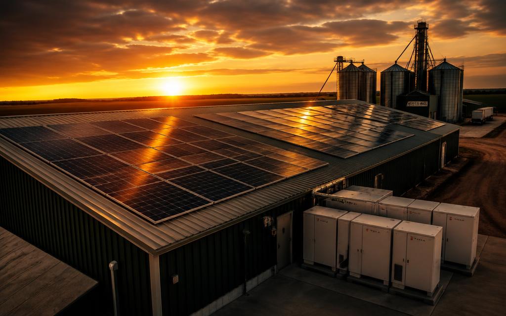 Solar panels on a feed mill roof with battery storage at sunset