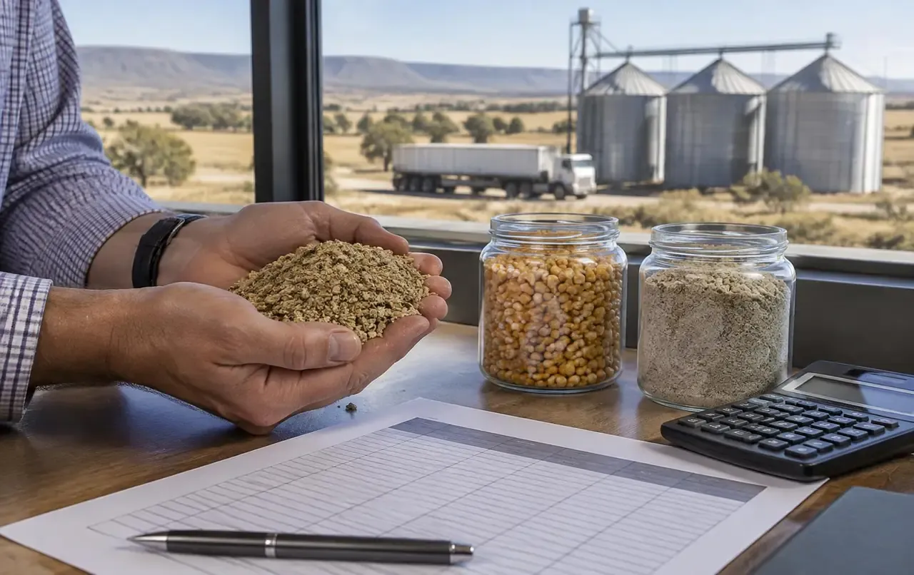 Feed buyer holding a handful of soybean oilcake beside jars of yellow maize and sunflower meal, a blank delivered-cost comparison sheet and a calculator, with steel grain silos and a bulk truck in a South African highveld landscape outside