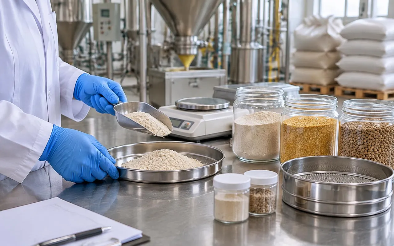 Gloved technician examining feed ingredient powder beside sample jars, a sieve and dosing equipment