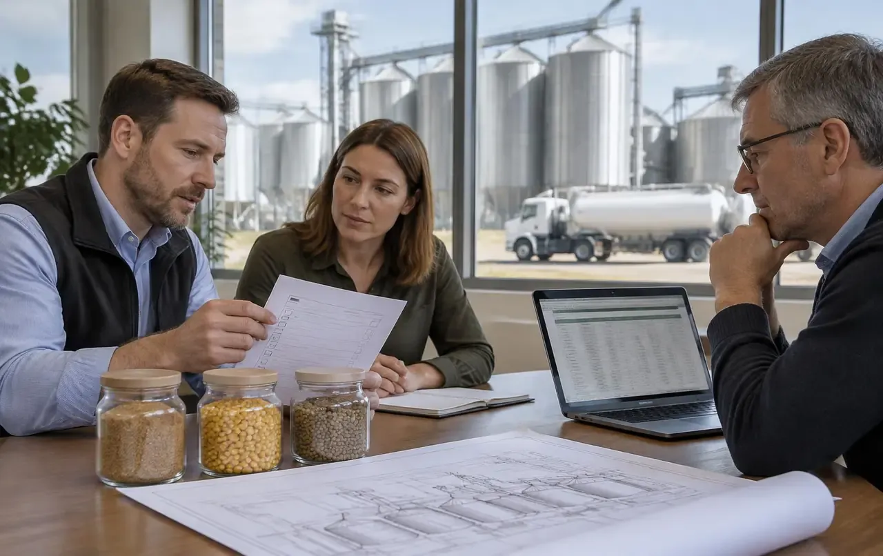Equipo de compras de alimento revisando en una mesa una lista de verificación del pliego impresa y una hoja de comparación de proveedores, con frascos de harina de soja, maíz y pellets y un plano de planta de piensos; afuera, silos y un camión granelero