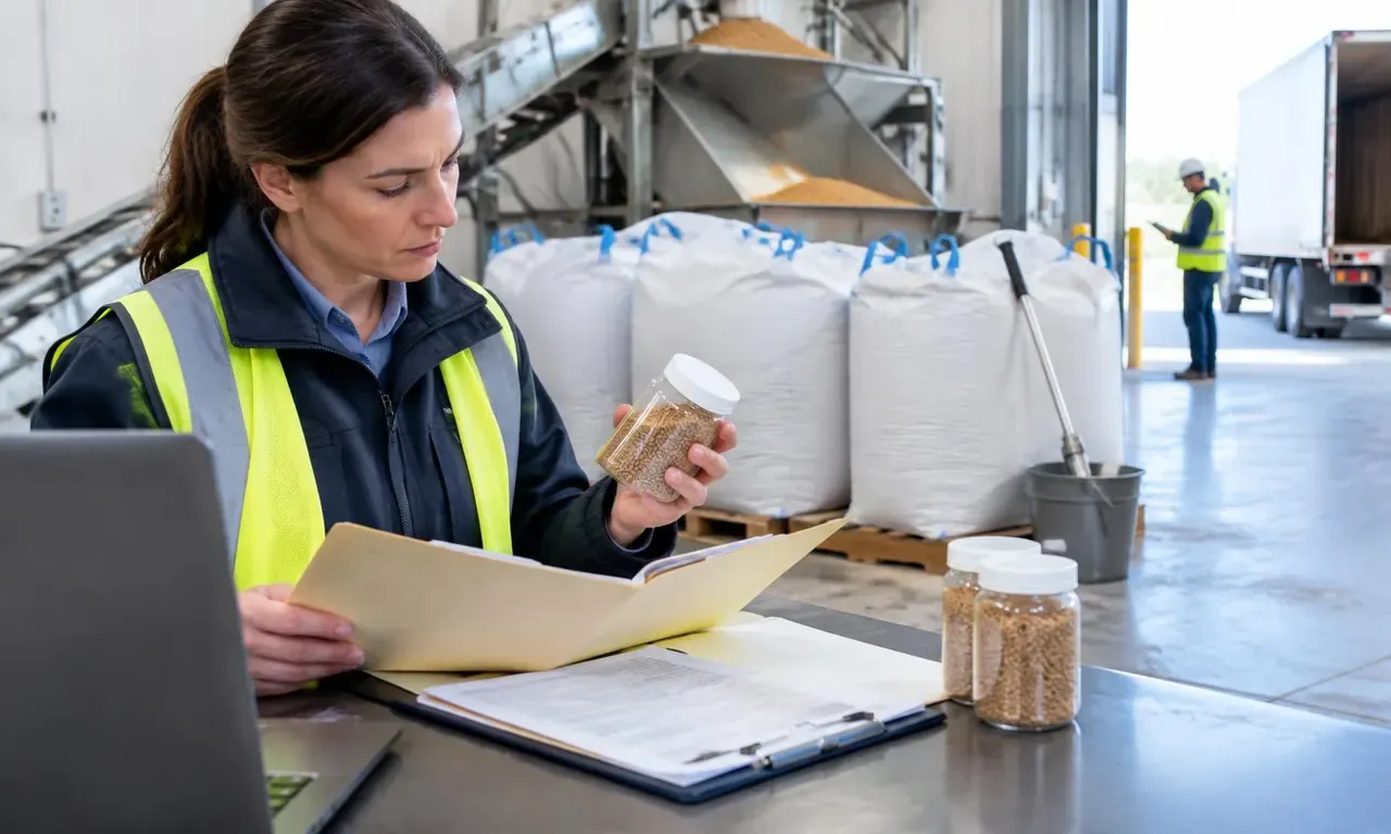 Compradora verificando documentos de lote y una muestra retenida en un almacén de alimento