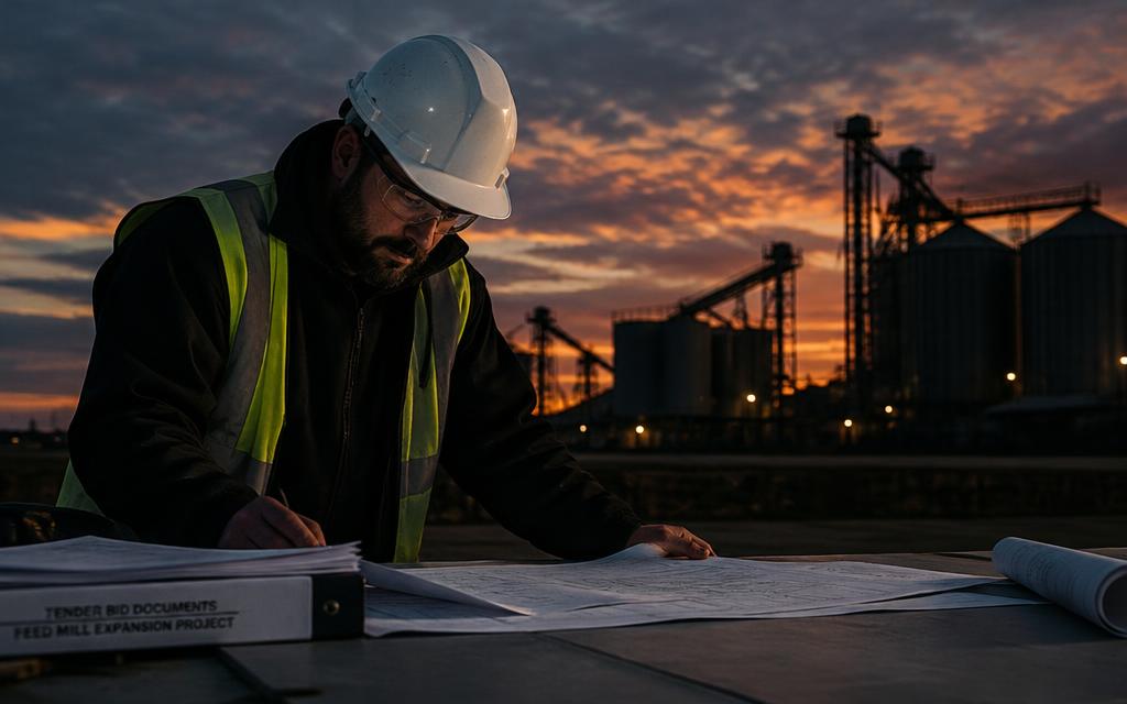 Engineer reviewing tender bid documents with a feed mill in the background