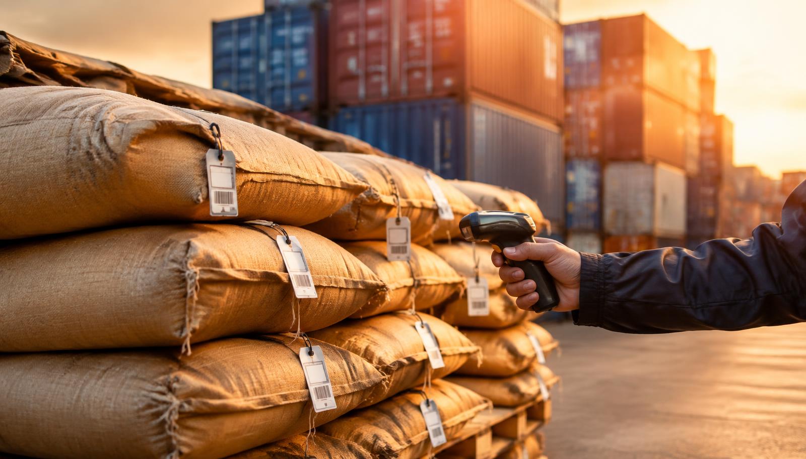 Bulk feed ingredient sacks with lot tags being scanned at a container terminal