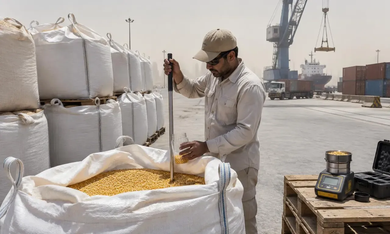 Feed buyer at a UAE port warehouse taking a probe sample of yellow corn from an open bulk bag into a clear jar, with stacked feed bags, a moisture meter, containers and a cargo crane behind