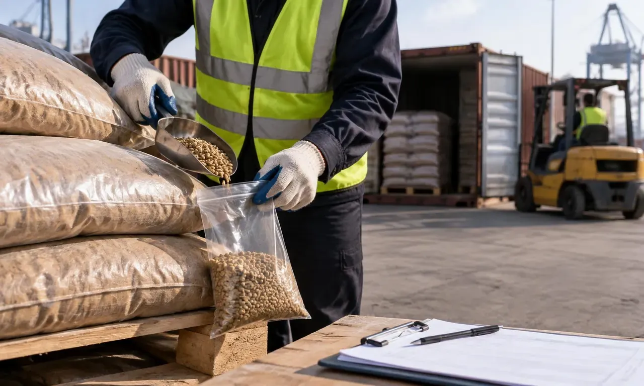Inspector at a port warehouse sampling unbranded feed ingredient bags into a clear sample bag, with a container and forklift behind