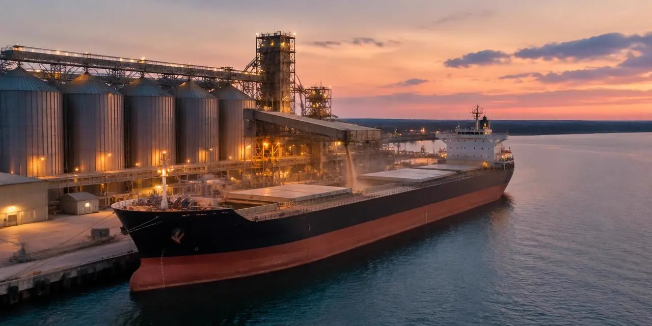 Bulk carrier loading grain at a port terminal